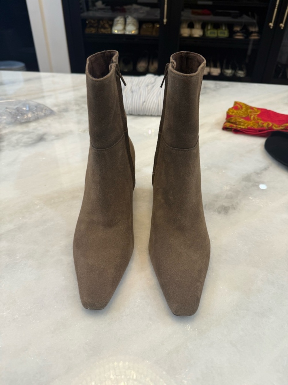 Zara Taupe Suede Square-Toe Ankle Boots